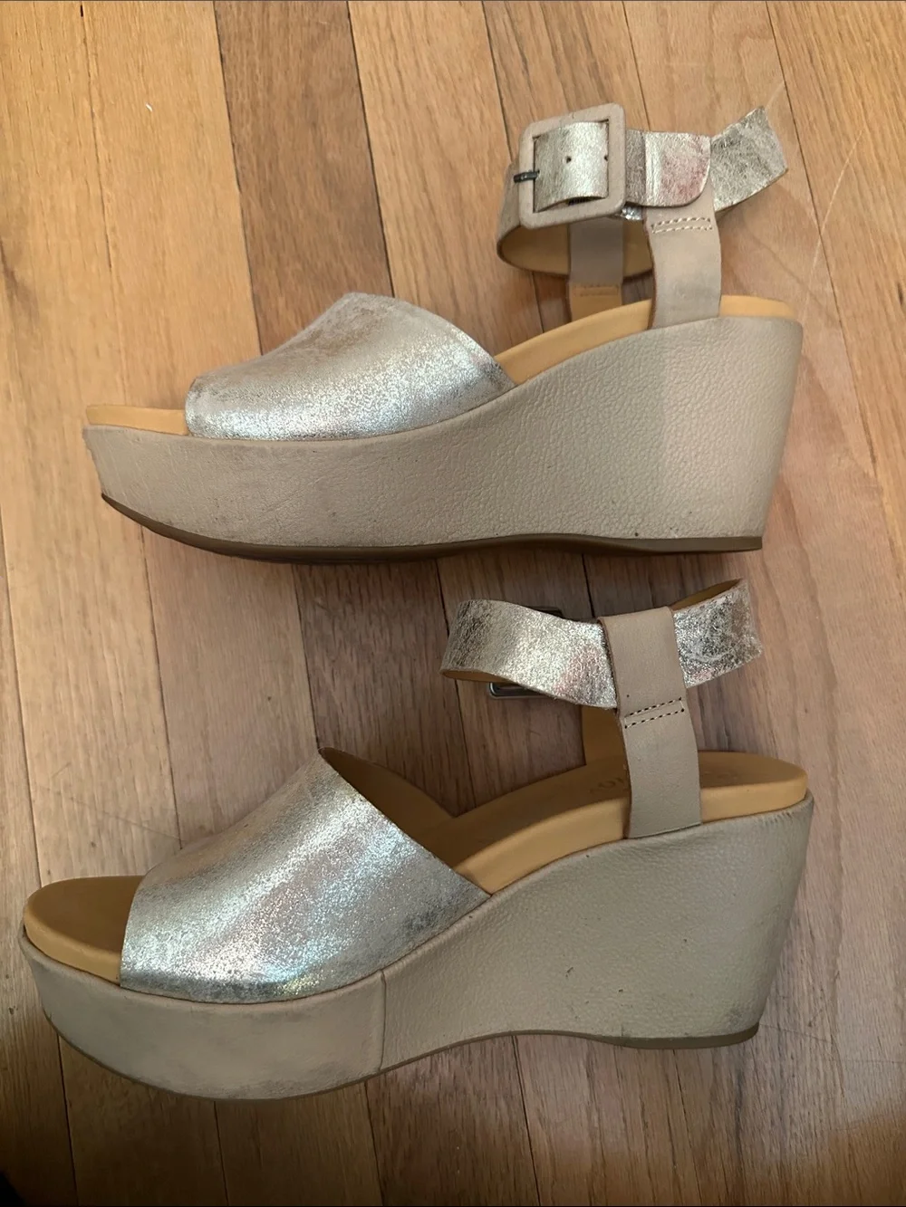 Kork-Ease Metallic Gold Open-Toe Ankle Strap wedge Sandals